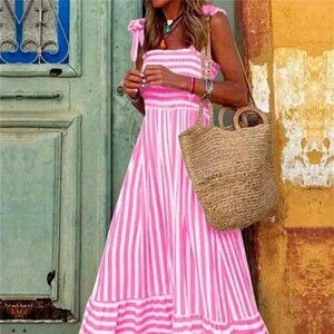 Pink Boho Women's Shoulder Strap Chest Gathered Striped Dress